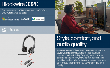 Preview: Poly Blackwire 3320 Stereo Microsoft Teams USB-C Headset +USB-C/A Adapter 8X220AA, 214013-101