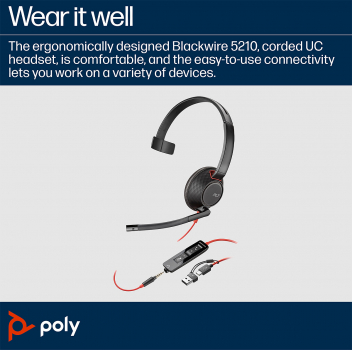 Preview: Poly Blackwire 5210 Monaural USB-C Headset +3.5mm Plug +USB-C/A Adapter 8X230AA, 207587-01