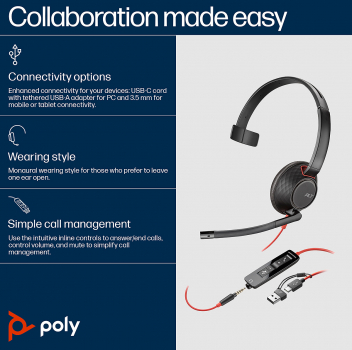 Poly Blackwire 5210 Monaural USB-C Headset +3.5mm Plug +USB-C/A Adapter (Bulk) 8X230A6