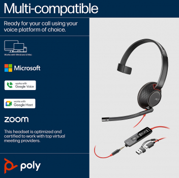 Poly Blackwire 5210 Monaural USB-C Headset +3.5mm Plug +USB-C/A Adapter (Bulk) 8X230A6