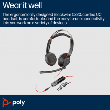Poly Blackwire 5220 Stereo USB-C Headset +3.5mm Plug +USB-C/A Adapter 8X231AA, 207586-01