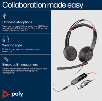 Poly Blackwire 5220 Stereo USB-C Headset +3.5mm Plug +USB-C/A Adapter 8X231AA, 207586-01
