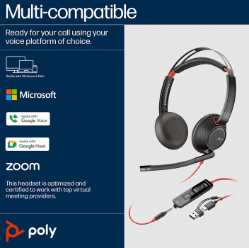 Poly Blackwire 5220 Stereo USB-C Headset +3.5mm Plug +USB-C/A Adapter 8X231AA, 207586-01