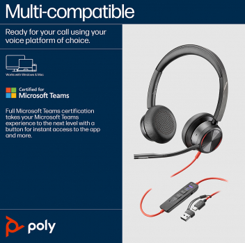 Poly Blackwire 8225 Stereo Microsoft Teams USB-C Headset +USB-C/A Adapter 8X225AA, 214409-01
