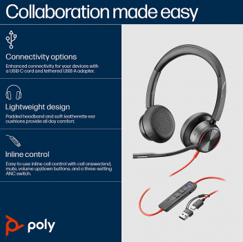 Poly Blackwire 8225 Stereo Microsoft Teams USB-C Headset +USB-C/A Adapter 8X225AA, 214409-01