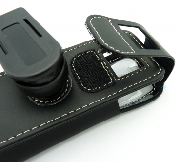 Telefontasche Ledertasche Lederetui für ASCOM d63 mit Rotationsclip schwarz, Weiße Nähte 3637