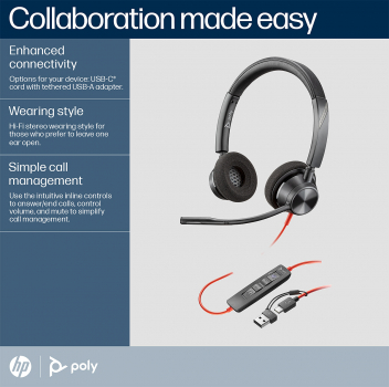 Poly Blackwire 3320 Stereo USB-C Headset +USB-C/A Adapter 8X219AA, 213935-101