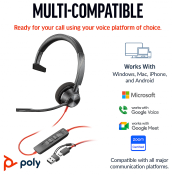 Poly Blackwire 3310 Monaural USB-C Headset +USB-C/A Adapter 8X215AA, 213929-101