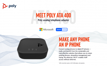 Poly ATA 400 1FXS Voice Port VoIP Adapter, Open SIP, Power Supply 8F3H4AA#AC3, 2200-87940-125