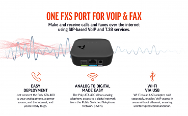 Poly ATA 400 1FXS Voice Port VoIP Adapter, Open SIP, Power Supply 8F3H4AA#AC3, 2200-87940-125