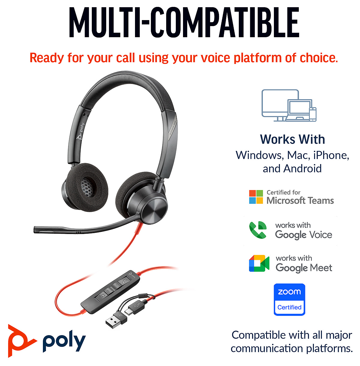 Poly Headset Blackwire C3320-M Stereo USB-C/A Teams - Casque Téléphone Professionnel