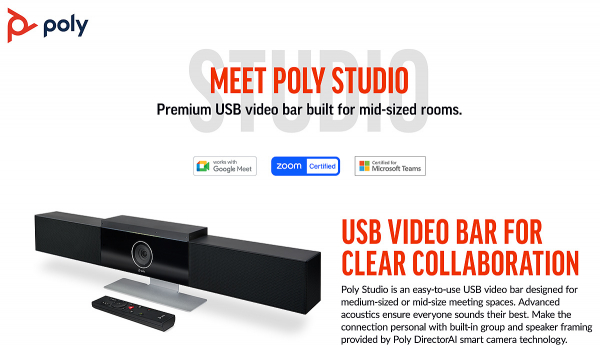 Poly Studio Medium Room Bundle for Zoom Rooms, Studio USB Video Bar, HP PC with TC10 (ABB) 9C961AA, 7230-88150-101