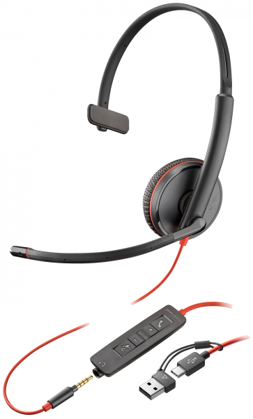 Poly Blackwire 3215 Monaural USB-C Headset +3.5mm Plug +USB-C/A Adapter 8X227AA, 209750-22
