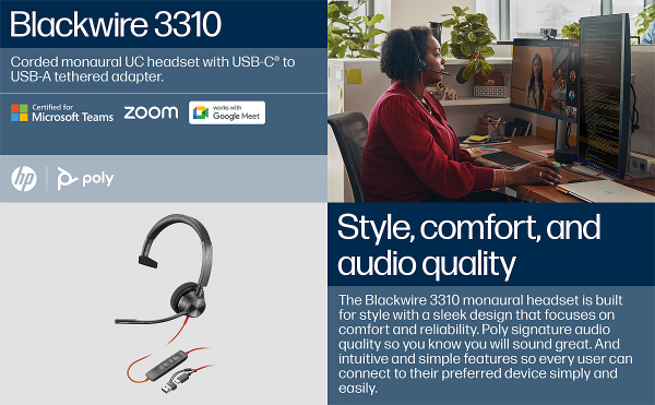 Poly Blackwire 3310 Monaural Microsoft Teams USB-C Headset +USB-C/A Adapter 8X216AA, 214011-101
