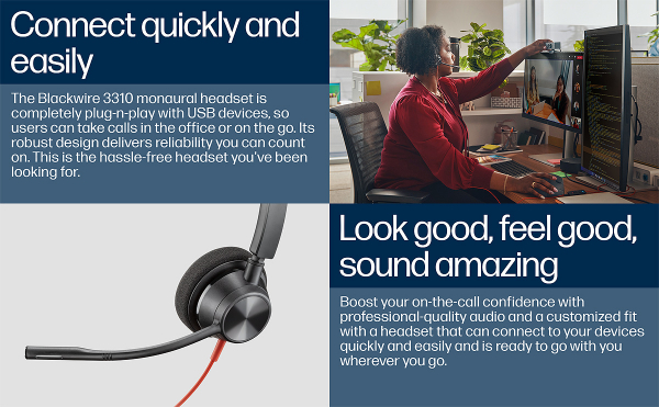 Poly Blackwire 3310 Monaural Microsoft Teams USB-C Headset +USB-C/A Adapter 8X216AA, 214011-101