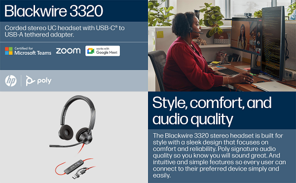 Poly Blackwire 3320 Stereo Microsoft Teams USB-C Headset +USB-C/A Adapter 8X220AA, 214013-101