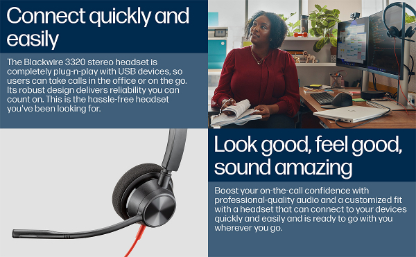 Poly Blackwire 3320 Stereo Microsoft Teams USB-C Headset +USB-C/A Adapter 8X220AA, 214013-101