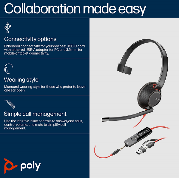 Poly Blackwire 5210 Monaural USB-C Headset +3.5mm Plug +USB-C/A Adapter (Bulk) 8X230A6