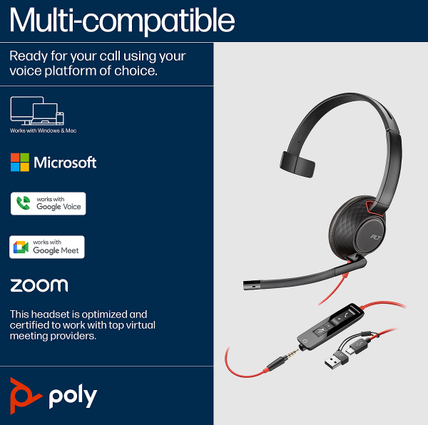 Poly Blackwire 5210 Monaural USB-C Headset +3.5mm Plug +USB-C/A Adapter (Bulk) 8X230A6
