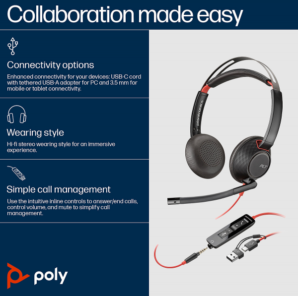 Poly Blackwire 5220 Stereo USB-C Headset +3.5mm Plug +USB-C/A Adapter 8X231AA, 207586-01
