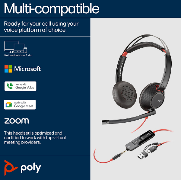 Poly Blackwire 5220 Stereo USB-C Headset +3.5mm Plug +USB-C/A Adapter 8X231AA, 207586-01
