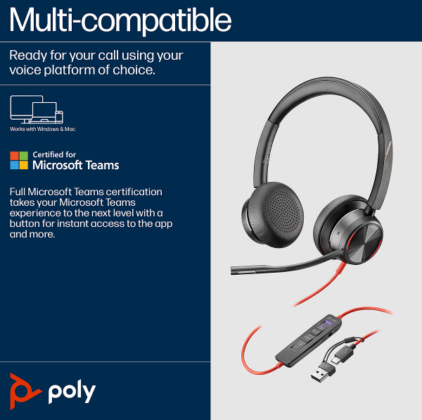 Poly Blackwire 8225 Stereo Microsoft Teams USB-C Headset +USB-C/A Adapter 8X225AA, 214409-01