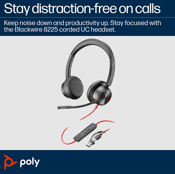 Poly Blackwire 8225 Stereo Microsoft Teams USB-C Headset +USB-C/A Adapter 8X225AA, 214409-01