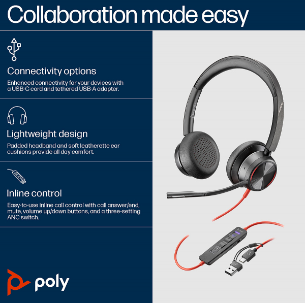 Poly Blackwire 8225 Stereo Microsoft Teams USB-C Headset +USB-C/A Adapter 8X225AA, 214409-01
