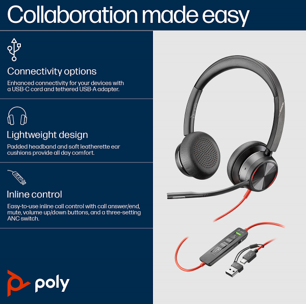 Poly Blackwire 8225 Stereo USB-C Headset +USB-C/A Adapter 8X223AA, 214407-01
