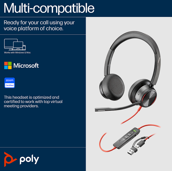 Poly Blackwire 8225 Stereo USB-C Headset +USB-C/A Adapter 8X223AA, 214407-01