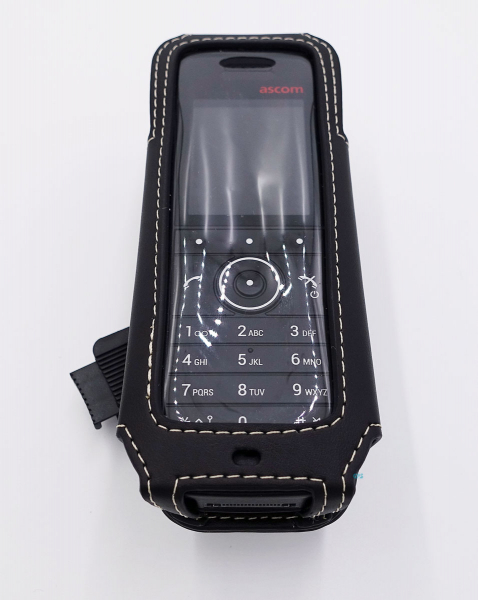 Telefontasche Ledertasche Lederetui für ASCOM d63 mit Rotationsclip schwarz, Weiße Nähte 3637