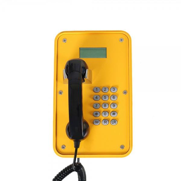 J&R JR105-FK-4G-IP67 Weatherproof telephone, keypad, LCD display, yellow, black handset coiled cable