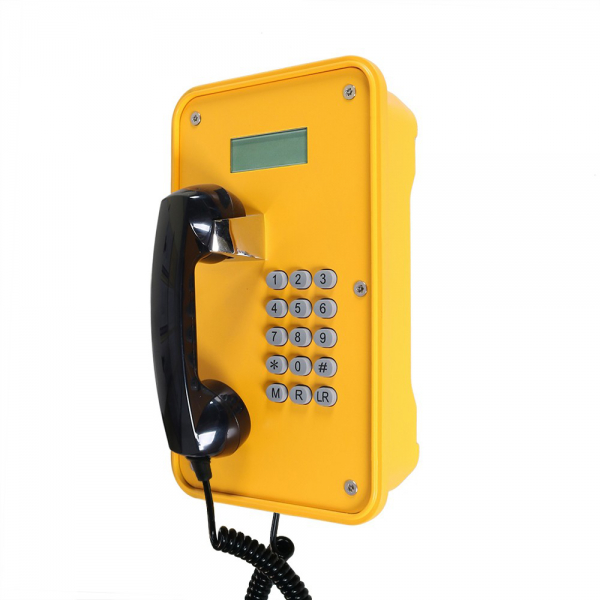 J&R JR105-FK-4G-IP67 Weatherproof telephone, keypad, LCD display, yellow, black handset coiled cable