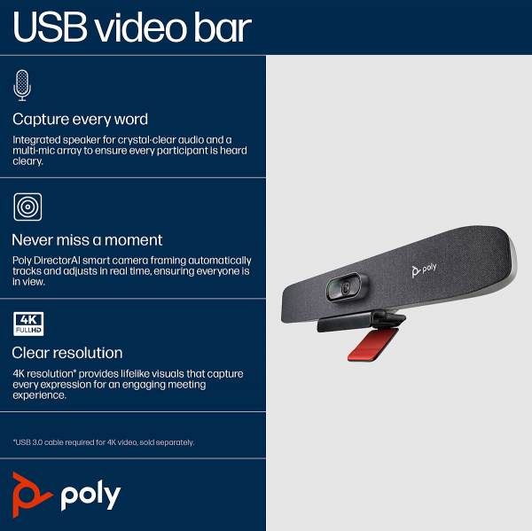Poly Studio R30 PLUS USB Video Bar +PSU, +USB-C Dock G5, +Bluetooth Remote control 9U3T1AA