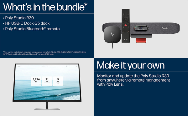 Poly Studio R30 PLUS USB Video Bar +PSU, +USB-C Dock G5, +Bluetooth Remote control 9U3T1AA