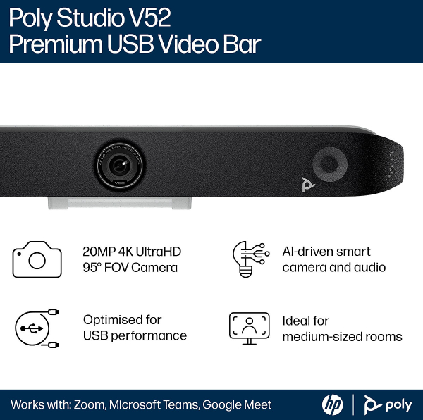Poly Studio V52 All-In-One 4K Video Bar, Controller Kit-EURO A09D4AA#ABB