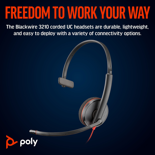 Poly Blackwire 3210 Monaural USB-C Headset +USB-C/A Adapter 8X214AA, 209748-22
