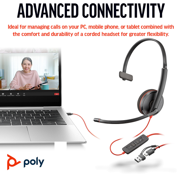 Poly Blackwire 3210 Monaural USB-C Headset +USB-C/A Adapter 8X214AA, 209748-22