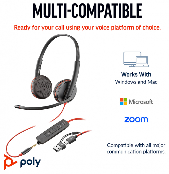Poly Blackwire 3225 Stereo USB-C Headset +3.5mm Plug +USB-C/A Adapter 8X229AA, 209751-22