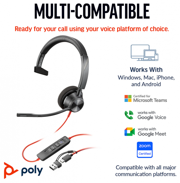 Poly Blackwire 3310 Monaural Microsoft Teams USB-C Headset +USB-C/A Adapter 8X216AA, 214011-101