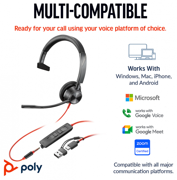 Poly Blackwire 3315 Monaural USB-C Headset +3.5mm Plug +USB-C/A Adapter 8X217AA, 213937-101