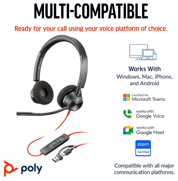 Poly Blackwire 3320 Stereo USB-C Headset +USB-C/A Adapter 8X219AA, 213935-101