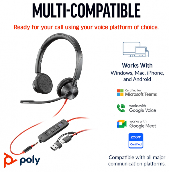 Poly Blackwire 3325 Stereo Microsoft Teams USB-C Headset +3.5mm Plug +USB-C/A Adapter 8X222AA, 214017-101