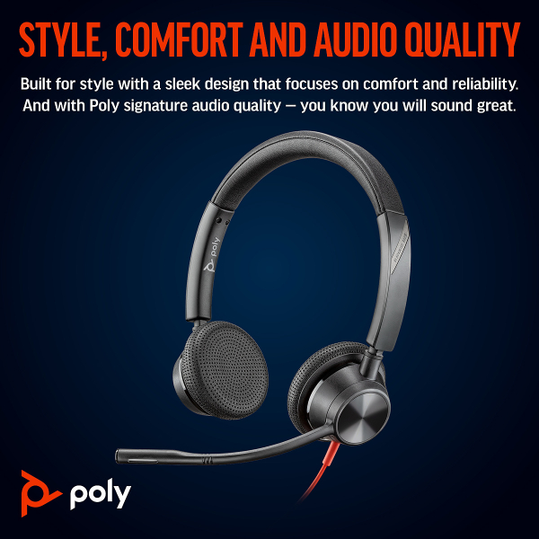 Poly Blackwire 3325 Stereo Microsoft Teams USB-C Headset +3.5mm Plug +USB-C/A Adapter 8X222AA, 214017-101