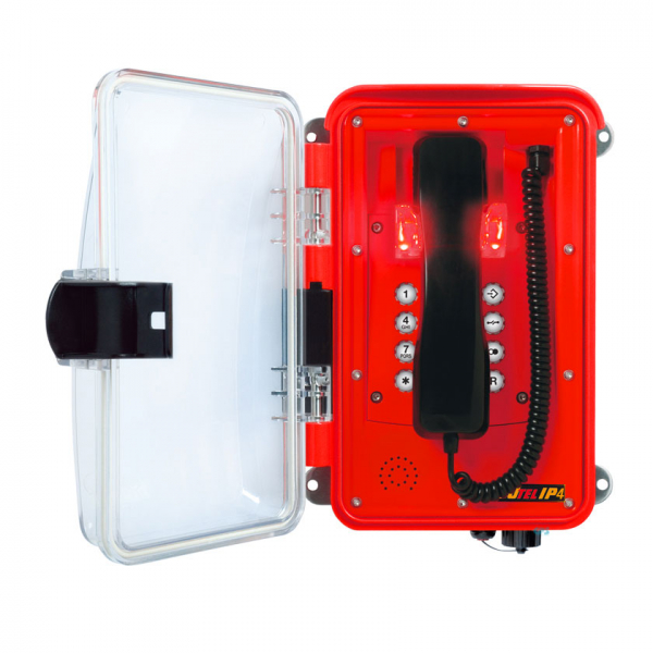 FHF Weatherproof Telephone InduTel IP4, red, Plastic housing with transparent door FHF114111212