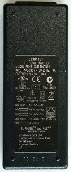 Mitel Netzteil Netzgerät Stromversorgung Steckernetzteil Power-Adapter POE 56VDC 100-240V 802.3AT C8 51301151 NEU