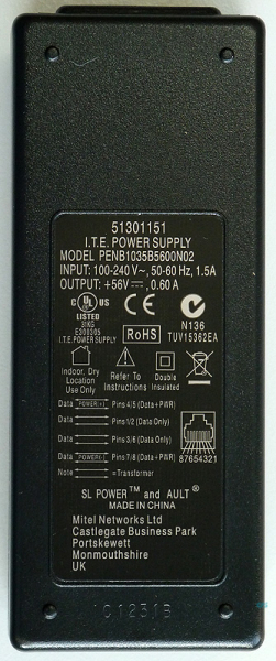 Mitel Power Supply 56VDC Ethnt PWR Adpt 100-240V 802.3AT 51301151 NEW